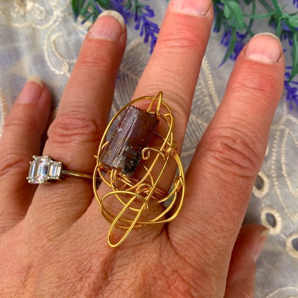 Unique Ocean Jasper In Gold Wire Wrap Artisan Crafted Ring - Picture 3 of 10